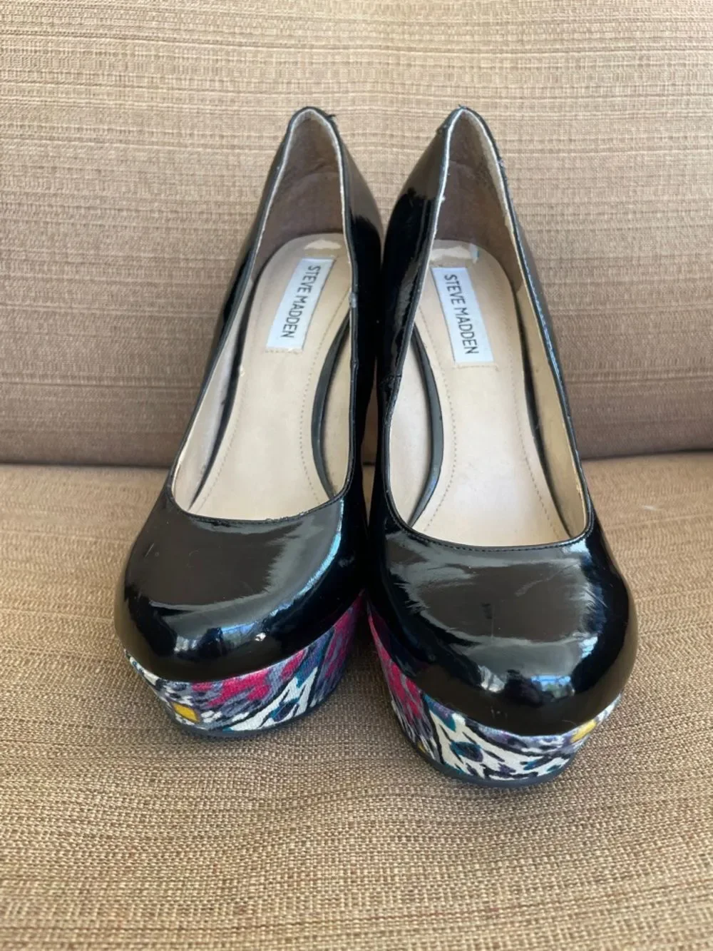 Steve Madden Womens Black Patent Wedges Multicolor Southwest Aztec Platform 8
